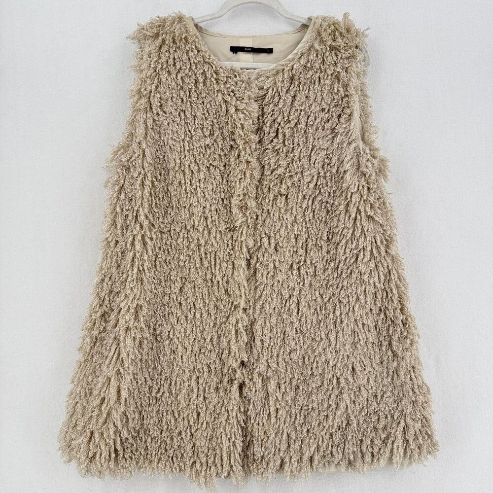 Anthropologie Hazel Long Shaggy Vest L Beige Snap Close Pockets Boho Lagenlook